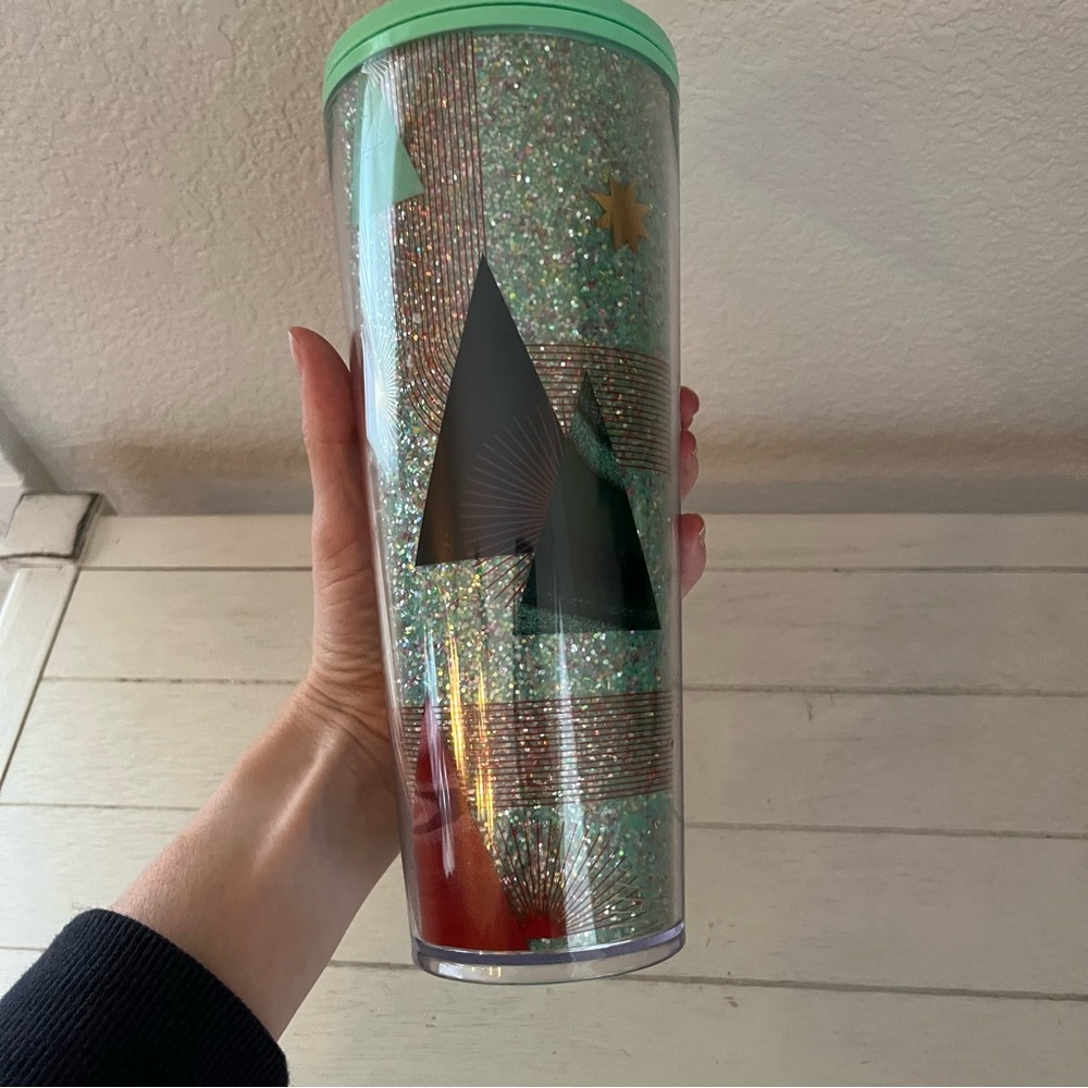 Starbucks Sparkle Glitter Christmas Tree Holiday Plastic Cold Cup Tumbler - Picture 3 of 5